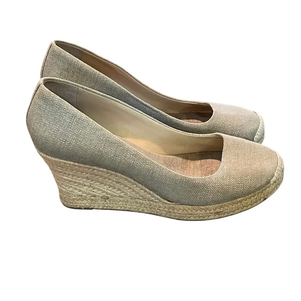 J. Crew Seville Espadrille Canvas Wedge, Beige /Gray Metallic, Classic, Size 9